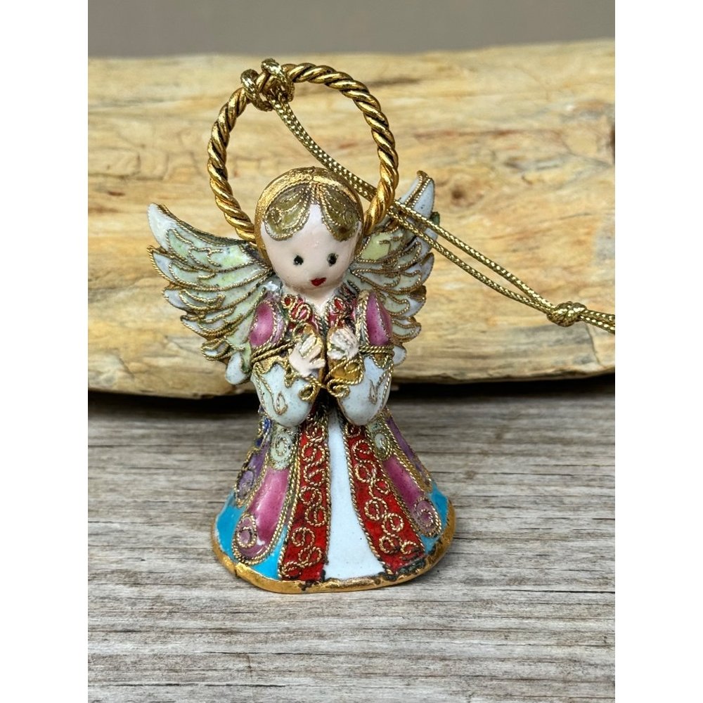 Alsan Victorian Enamelling Enamel Cloissone' Gold Gilt Winged Angel Bell Christm